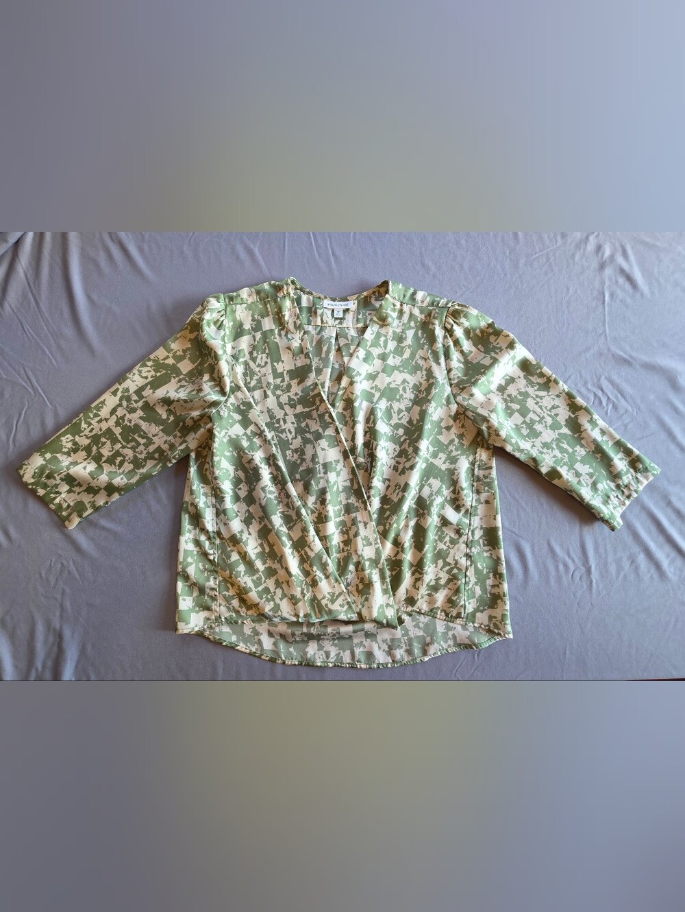 Prologue Light Green & Cream Abstract Wrap-Front Blouse M